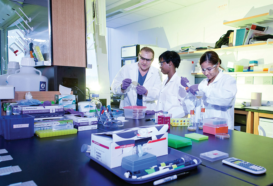 Faculty and students in a lab