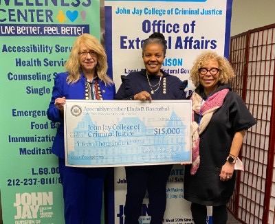 New York State Assemblymember Linda B. Rosenthal, Food Bank Manager Malaine Clarke, and President Karol V. Mason