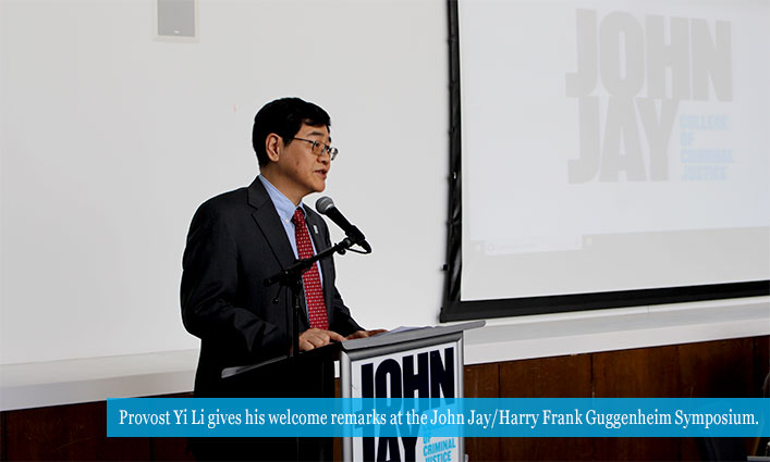 Provost Yi Li gives his welcome remarks at the John Jay/Harry Frank Guggenheim Symposium.