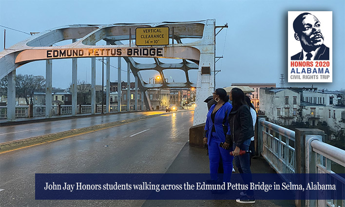 John Jay Honors students walking across the Edmund Pettus Bridge in Selma, Alabama