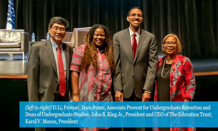 (left to right) Yi Li, Provost; Dara Byrne, Associate Provost for Undergraduate Retention and Dean of Undergraduate Studies; John B. King Jr., CEO of the Education Trust; Karol V. Mason, President