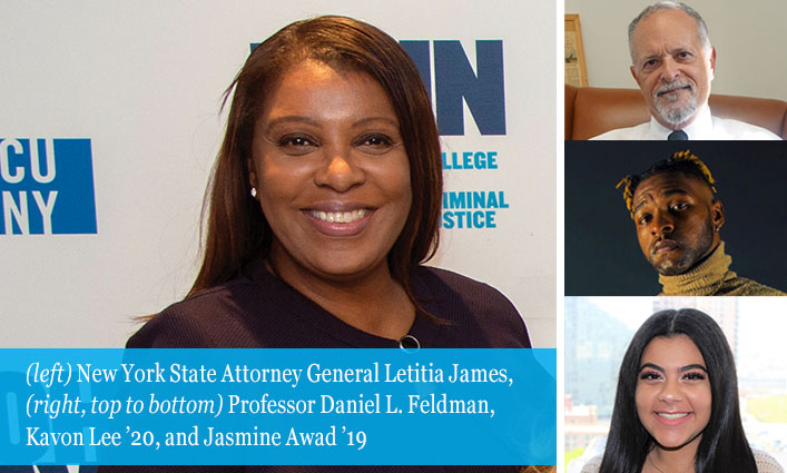  (left) New York State Attorney General Letitia James, (right, top down) Professor Daniel L. Feldman, Kavon Lee ’20, and Jasmine Awad ’19