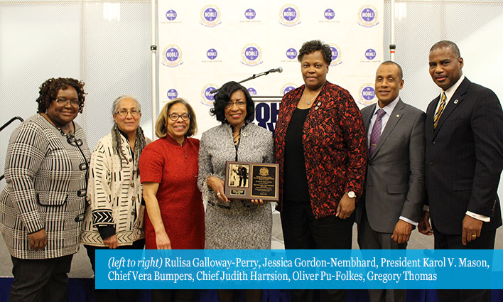 (left to right) Rulisa Galloway-Perry, Jessica Gordon-Nembhard, President Karol V. Mason, Chief Vera Bumpers, Chief Judith Harrsion, Oliver Pu-Folkes, Gregory Thomas 