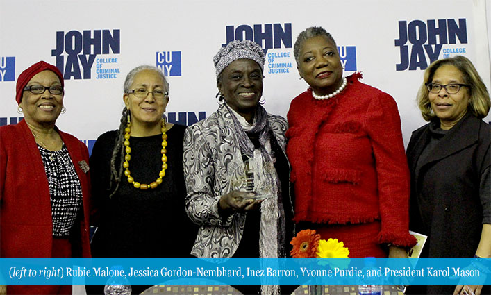 (left to right) Rubie Malone, Jessica Gordon-Nembhard, Inez Barron, Yvonne Purdie, and President Karol Mason 