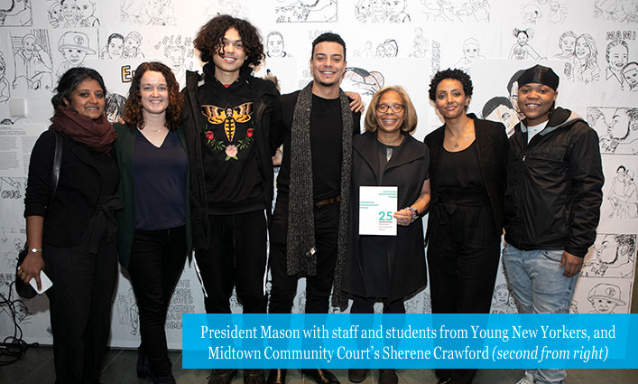 President Mason with staff and students from Young New Yorkers, and Midtown Community Court’s Sherene Crawford 