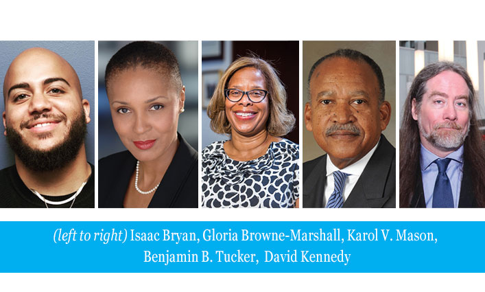 left to right) Karol V. Mason, Benjamin B. Tucker, Isaac Bryan, Gloria Browne-Marshall, David Kennedy ]