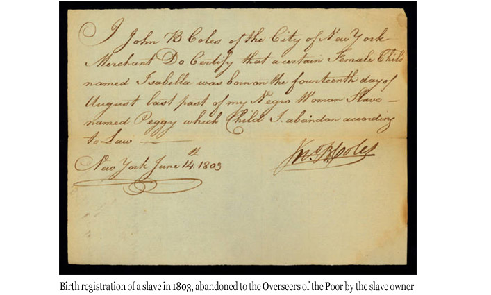 Birth registration of a slave in 1803, abandoned to the Overseers of the Poor by the slave owner.