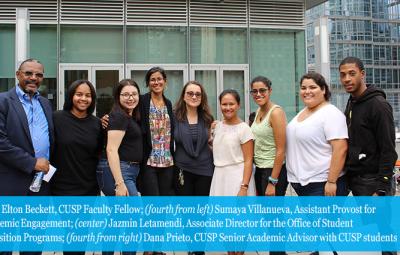 (left) Elton Beckett, CUSP Faculty Fellow; (fourth from left) Sumaya Villanueva, Assistant Provost for Academic Engagement; (center) Jazmin Letamendi, Associate Director for the Office of Student Transition Programs; (fourth from right) Dana Prieto, CUSP Senior Academic Advisor with CUSP students