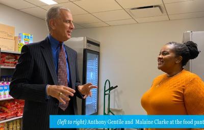 (left to right) Anthony Gentile and  Malaine Clarke visit the food pantry 