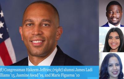 (left) Congressman Hakeem Jeffries; (right) alumni James Ladi  Williams ’15, Jasmine Awad ’19, and Marie Figueroa ’10