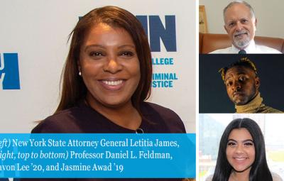  (left) New York State Attorney General Letitia James, (right, top down) Professor Daniel L. Feldman, Kavon Lee ’20, and Jasmine Awad ’19