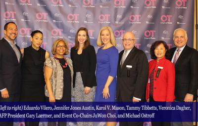 Eduardo Vilero, Jennifer Jones Austin, Karol V. Mason, Tammy Tibbetts, Veronica Dagher, AFP President Gary Laermer, and Event Co-Chairs JuWon Choi, and Michael Ostroff On National Philanthropy Day